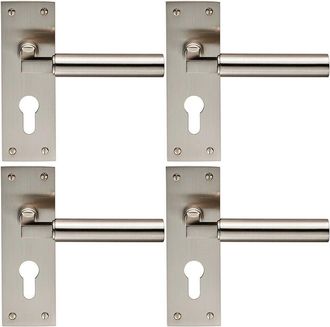 Loops 4x PAIR Round Bar Handle on Slim Euro Lock Backplate 150 x 50mm Satin Nickel