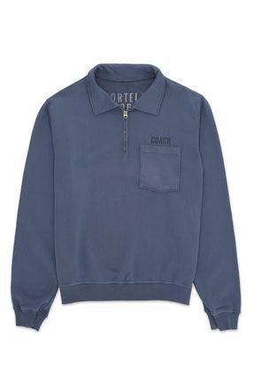 Fortela Yalepcoach Brushed Jersey Quarter Zip Collared Printed Sweatshirt in Indigo Rinse at Nordstrom, Size Small Eu