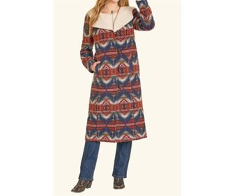 Panhandle Aztec Jacquard Sherpa Lined Long Hooded Coat In Navy Multi