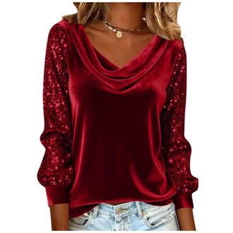 Generic Sequin Tops for Women UK Elegant Velvet Cowl Neck Blouse Ladies Long Sleeve Sparkly Tops Sequin Top Shining Glitter Tshirt Fashion Casual Slim Fit Tun