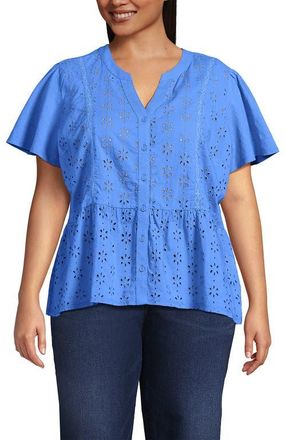 Lands End Plus Size Short Sleeve Mixed Media Eyelet Top in Crisp Blue at Nordstrom, Size 1 X