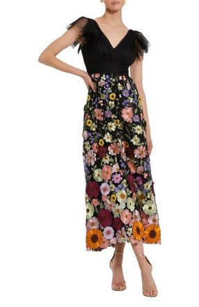 Mac Duggal Embroidered Ruched Flutter Sleeve A Line Dress in Black Multi at Nordstrom, Size 12