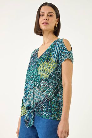Roman Abstract Print Tie Front V-Neck Top