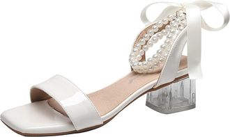 Generic Womens High-Heeled Sandals 35-43: Sandals Womens Bow Pearl Sandals Open Toe Summer Shoes Chunky Heel Womens Shoes Comfortable Heel Shoes Large Size Ev