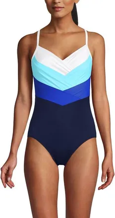 Lands End Slender Suit V-neck Pleated X-back One Piece Swimsuit Adjustable Straps in Navy/sapphire/river Mist/white at Nordstrom, Size 10