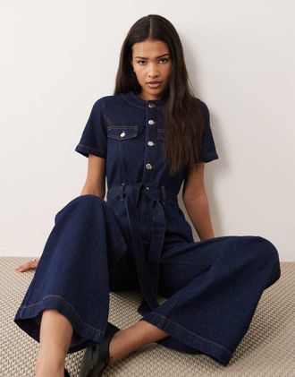 Miss Selfridge Tuta jumpsuit stile militare lavaggio indaco con bottoni-Blu