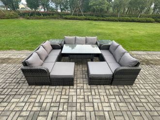 Fimous Wicker PE Rattan Sofa Outdoor Garden Furniture Set with Rectangular Dining Table 2 Big Footstool 2 Side Tables Dark Grey Mixed