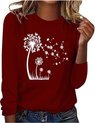 Generic Casual Dandelion Print Sweatshirt for Women UK 2025 Fall Long Sleeve Crew Neck Loose Fit Pullover Tops Dressy Comfy Solid Color Going Out Blouse Ladie