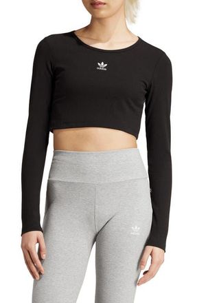 adidas Trefoil Essentials Rib Long Sleeve Crop Top in Black at Nordstrom, Size Medium