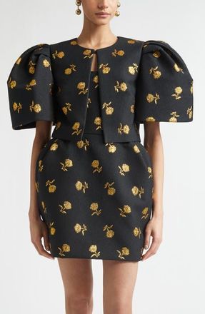 Carolina Herrera Carnation Jacquard Bell Sleeve Crop Jacket in Black Multi at Nordstrom, Size 4