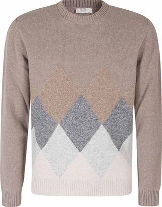 Seventy Brown Diamond-Pattern Wool-Blend Crewneck Sweater