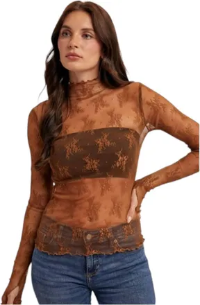Hem & Thread Sheer Lace Top In Sandstone