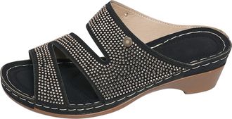 Generic Womens Mid Block Heels Ladies Sandals Slip-On Smart Diamante Sliders Womens Open Back Slip On Mules Chunky Mid Heels Sliders Cut Out Diamond Sandal Ou