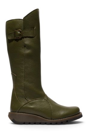 FLY London Dames kniehoge leren laarzen met sleehak in militair groen - MOL2