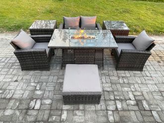 Fimous 5 Seater Outdoor Rattan Sofa Set Garden Furniture Gas Firepit Dining Table Heater with 2 Side Tables in Dark Grey
