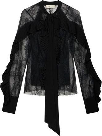 Blumarine Kanten blouse met geplooide volant - Dames - Blouses & Shirts - Zwart - Maat: XS Satijn