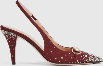 Gucci Womens Slingback Pump With Crystal Horsebit, Bordeaux, GG Canvas