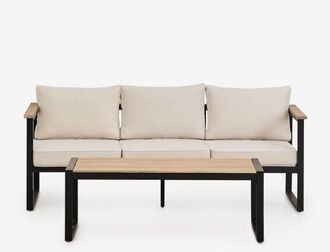 Sklum Conjunto de jardín con sofá de 3 plazas y mesa de centro en aluminio y madera de acacia 110x55cm Lipov SKLUM