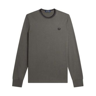 Fred Perry Tops, Heren, Groen, S, Katoen, Long Sleeve Katoenen T-shirt met Gestreepte Bies