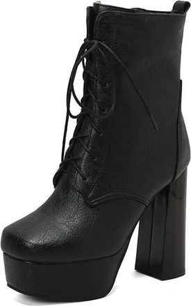 Generic Womens Faux Fur Lined Winter Ankle Boots Lace Up and Side Zipper Platform Square Toe Block Heel Casual Shoes (Black,7.5)