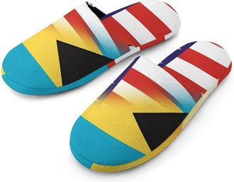 Generic U.S. Bahamian Combined Flag Flannel Mens Slip-on Slippers Winter Warm House Shoes with Rubber Sole for Home Hotel