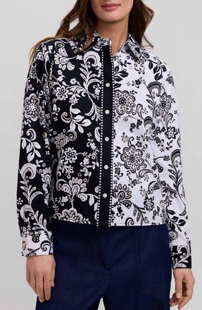 Foxcroft Jodie Daisy Colorblock Cotton Button-Up Shirt in Black/multi at Nordstrom, Size X-Large