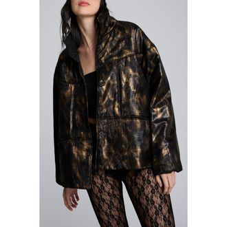 Kenneth Cole Animal Print Foiled Satin Seamed Puffer Jacket in Black/Marsh Brown at Nordstrom, Size X-Large