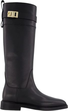 Ferragamo Zwarte Leren Kuitlaarzen met Gesp - Dames - Hoge Laarzen - Zwart - 40 EU - Leer - Schoenen