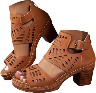 Generic Womens Platform Sandals Summer Trendy Dressy Gladiator Sandals Chunky Heel Hollow Cut Out Open Toe Stacked Heeled Booties Beach Boho Comfortable Ankle