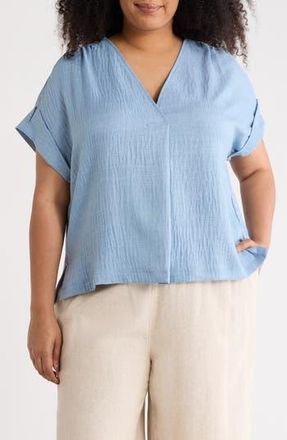 Max Studio V-Neck Short Sleeve Shirt in Heather Sky at Nordstrom Rack, Size 3X