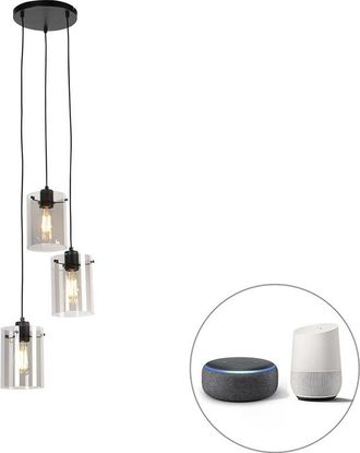 QAZQA Qazqa Dise&ntilde;o L&aacute;mpara Colgante Inteligente Negra Con Cristal Ahumado Incl. 3 Wifi St64 - Dome Vidrio /acero Alargada Adecuado Para Led Max. 3 X 7 Watt