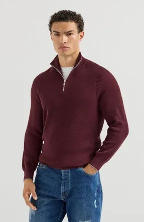 Brunello Cucinelli Cotton English rib sweater with half zip and raglan sleeves in Burgundy at Nordstrom, Size 58