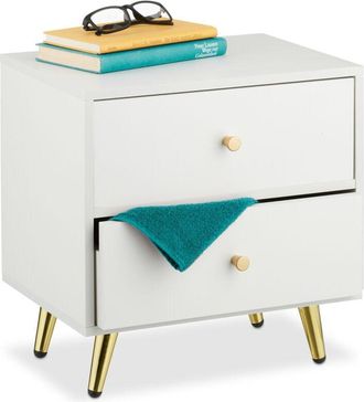 Relaxdays Relaxdays - Bedside Table, with 2 Drawers, hwd: 41.5 x 40 x 32.5 cm, Bedroom Nightstand, Next to Bed Storage, White/Gold