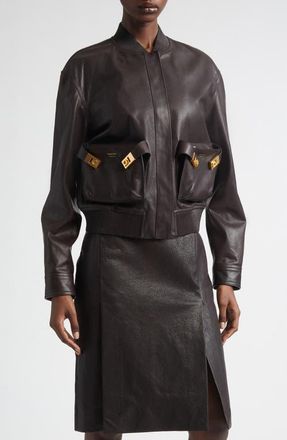 Ferragamo Hug Buckle Leather Bomber Jacket in Expresso at Nordstrom, Size 8 Us