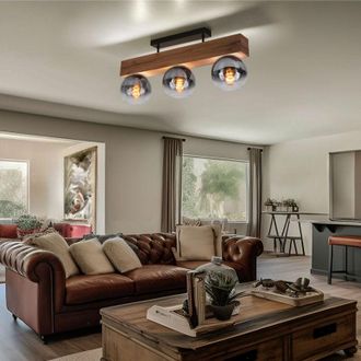 Globo Lighting Plafoniera camera da letto faretto da soffitto aspetto legno lampada da soffitto a 3 luci, vetro fumé, mdf metallico, 3x attacco E27, LxH 65