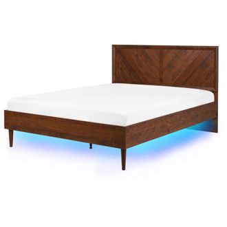 Beliani Cama Doble De Madera Oscura 140 X 200 Cm Cabecero Alto Estilo R&uacute;stico Con Luces Led De Colores Mialet