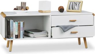 Relaxdays Sideboard with Rounded Edges and 2 Drawers, Long Cabinet with Legs, Low tv Table, HxWxD: 48 x 120 x 40 cm, White - Relaxdays
