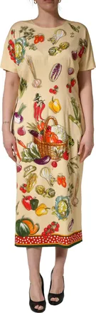 Dolce & Gabbana Womens Beige Fruit Polkadot Sheath Silk Midi Dress Elastane