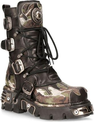 New Rock Flame Accented Camouflage Leather Biker Boots- M-591-S15