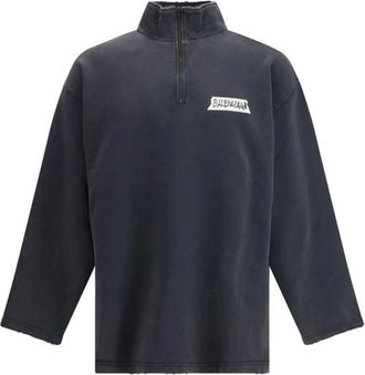 Balenciaga Sweatshirts, male, Black, Size: S Cotton Crewneck Sweatshirt with Ribbed Hem and Cuffs