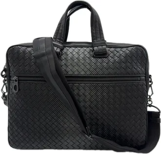 Bottega Veneta Intrecciato Black Gray Leather Briefcase (Pre-Owned)