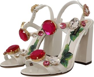 Dolce & Gabbana Womens White Leather Crystal Keira Heels Sandals Shoes