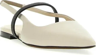 Brunello Cucinelli Rugiada Leather Pointed Slingback Flat - Cream