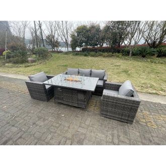 Fimous Fimous 5 Seater Outdoor PE Rattan Garden Furniture Gas Fire Pit Dining Table Lounge Sofa 2 PC Armchairs Dark Grey Mixed Patio