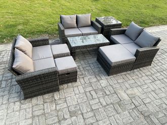 Fimous Outdoor U Shape Sofa Set Wicker Rattan Garden Furniture Set with Coffee Table Double Seat Sofa 3 Footstools in Dark Grey