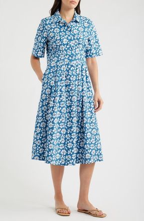 Seasalt Cornwall Organic Cotton Midi Shirtdress in Bold Cornflower Sailboats at Nordstrom, Size 14