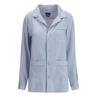 Tom Ford Gestreepte zijden pyjamashirt met bies en geborduurd logo - Dames - Blouses & Shirts - Blauw - Maat: 2XS Zijde