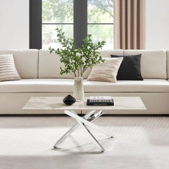 Furniturebox Leonardo Rectangular Marble Effect Glass Top Coffee Table With Silver Metal Starburst Legs in White