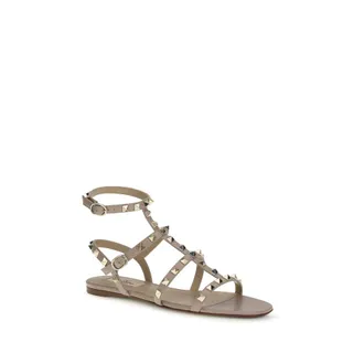 Valentino Garavani Womens Beige Calf Leather Bos Taurus Flat Sandals