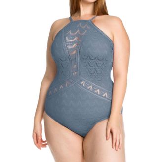 BECCA by Rebecca Virtue Color Play Lace High Neck One Piece Swimsuit - Plus In Steel